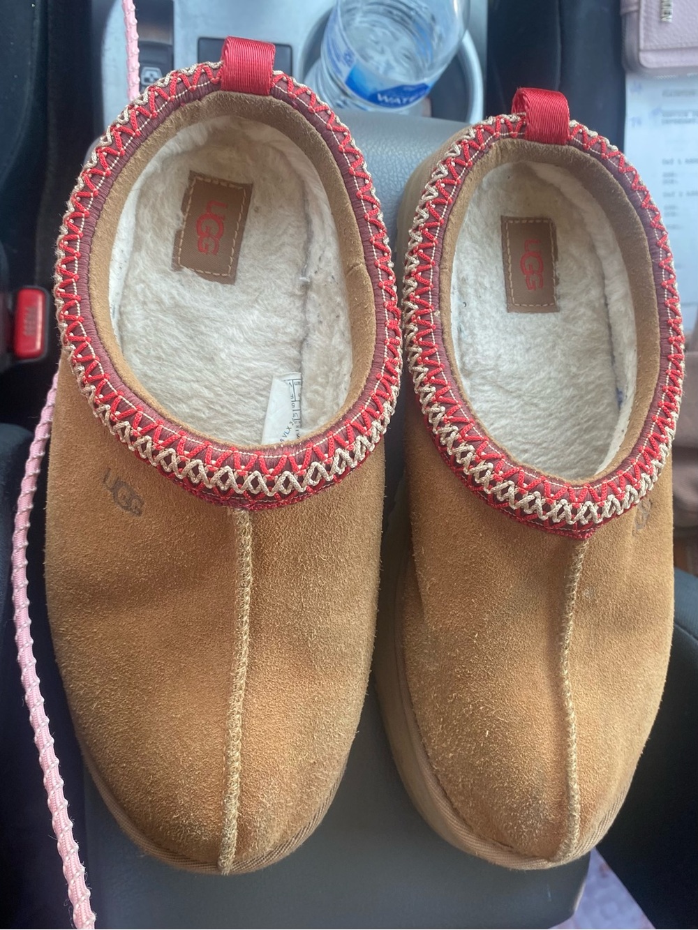 UGG Chestnut Suede Slip-On Mules with Red Trim